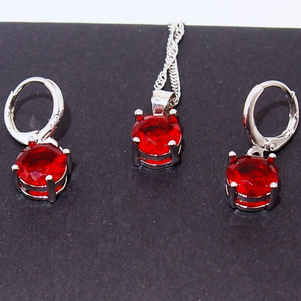 ⭐Bundle Sale⭐ 4Pc. Ruby Earrings and Necklace Set Solid 925 Sterling Silver - Picture 1 of 10